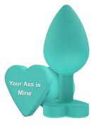 TOY JOY Plug anal Anal Play Booty Sweethearts cu mesaj „Your Ass is Mine” pe baza în formă de inimă diametru 3.5 cm verde