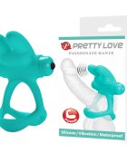 PRETTYLOVE Inel pentru penis - Passionate Dante cu 10 funcții de vibrație tip iepuraș din silicon moale albastru