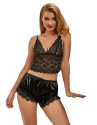 Subblime Set lenjerie – Casual Silk Nightgown + Lace Pants satin negru cu pantaloni din dantelă S/M