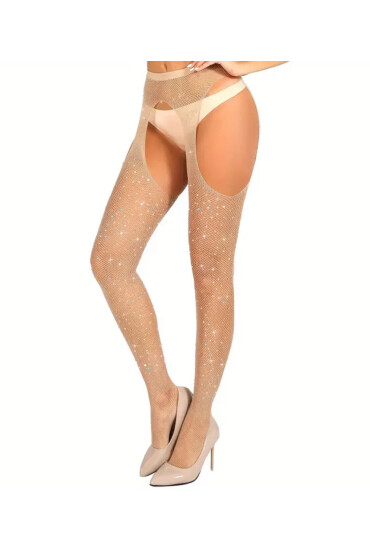 STD Ciorapi Crotchless cu Strasuri Bej S/M - Entro.ro