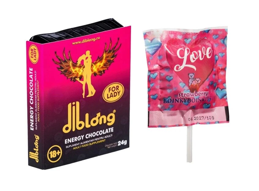 Diblong SET: Energy Chocolate for Lady - supliment alimentar pentru femei pe bază de ciocolată cu plante care susțin sănătatea sexuală și recăpătarea energiei 24g + Boinky Lollipop Pink – Acadea afrodisiaca aromă de căpșuni Ashwagandha și Maca 1 buc