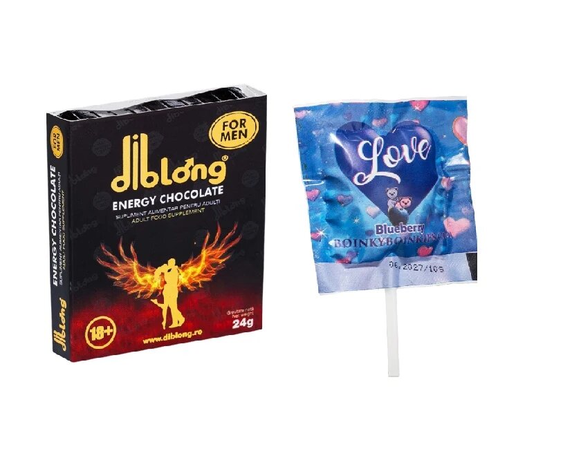 Diblong SET: Energy Chocolate For Men - supliment alimentar pentru bărbați pe bază de ciocolată cu plante care susțin sănătatea sexuală și funcția erectilă 24g + Boinky Lollipop Blue – Acadea afrodisiaca aromă de afine Ashwagandha și Maca 1 buc - De