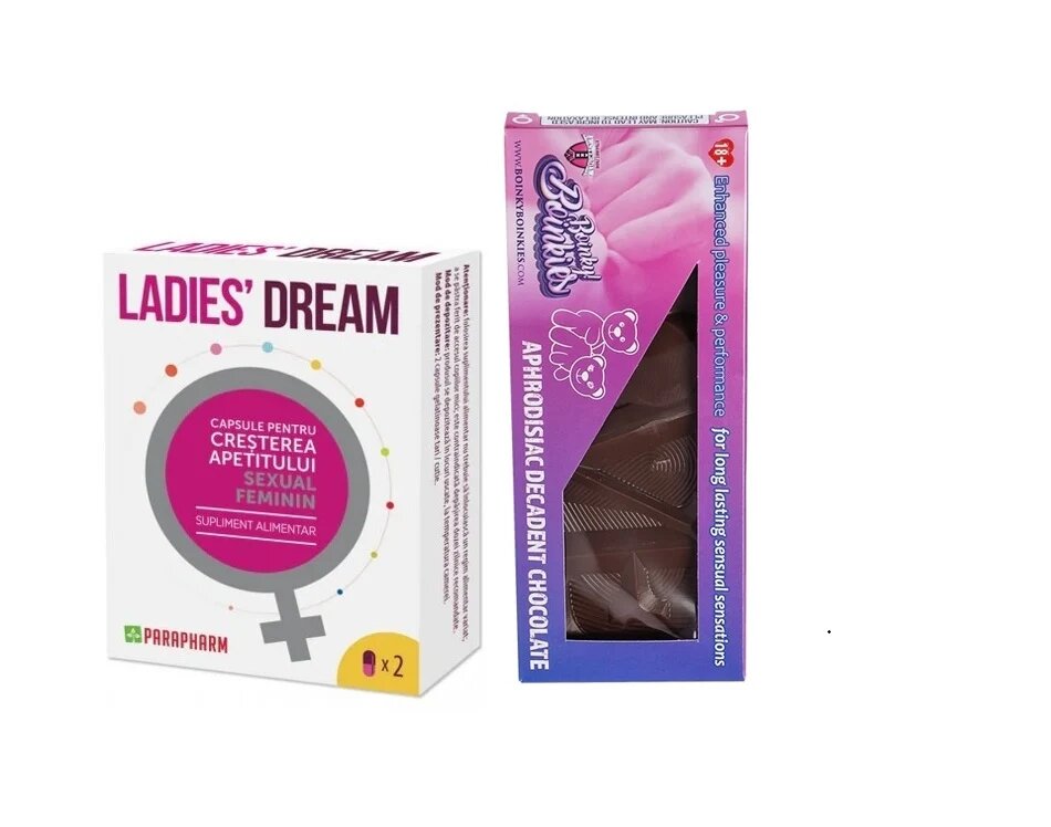 PARAPHARM SET: Capsule LADIES DREAM cresterea apetitului sexual si libidoului feminin 2 capsule + Boinky Ciocolată premium Love cu efect afrodisiac 1 buc - Default Title