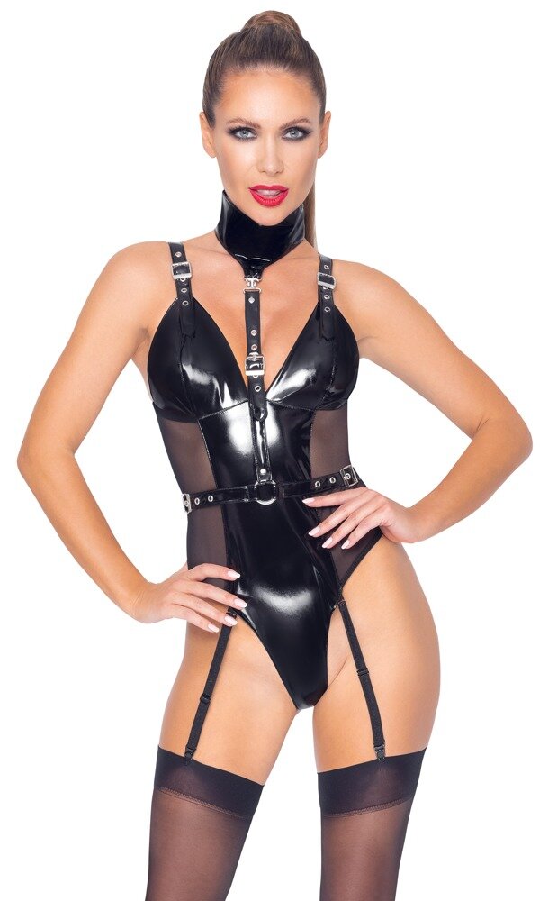 Black Level Body din Vinil cu Choker si cu Insertii din Tulle Negru M