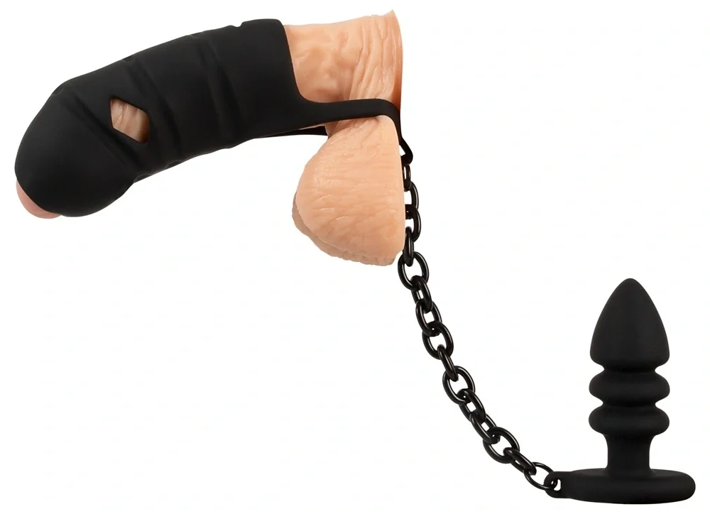  Cusca de Castitate din Silicon Moale cu Dop Anal Conectat Negru