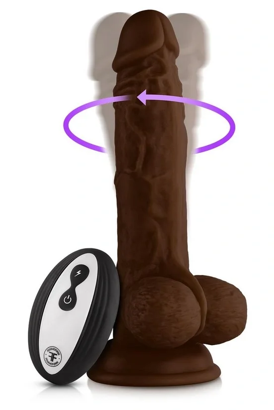FemmeFunn Vibrator Realist Vortex Turbo Baller Remote Control 8 Moduri Vibratii 1 Miscare Rotatie Silicon Lichid USB Maro 20.6 cm