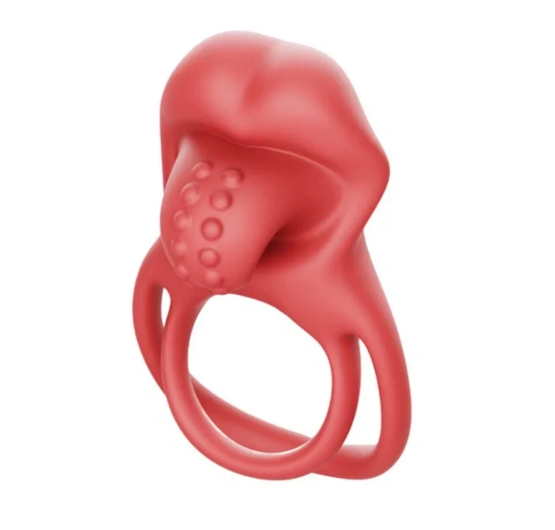 Guilty Toys Inel Dublu de Penis Sexy Tongue 10 Moduri Vibratii Silicon Rosu