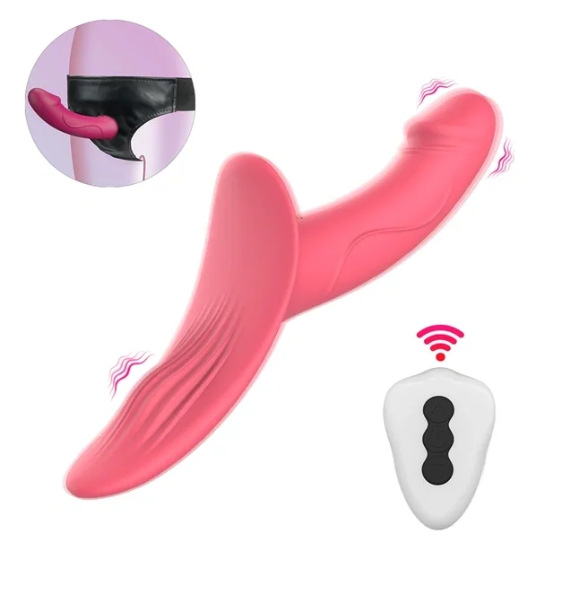 Guilty Toys Strap-On pentru Femei Double Fun Remote Control 9 Moduri Vibratii 2 Motoare Silicon USB Roz 24.5 cm