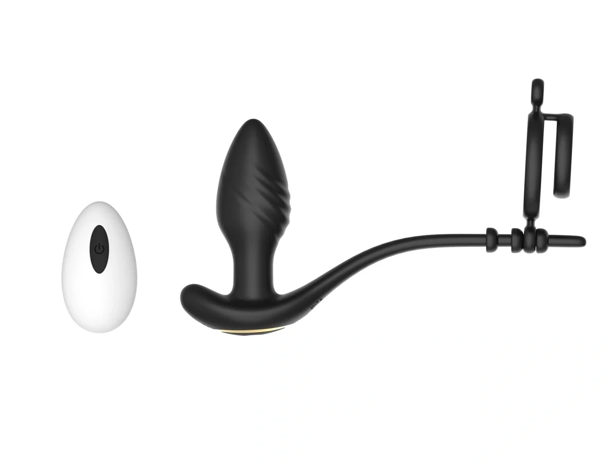 Guilty Toys Vibrator Anal cu Inele de Penis Remote Control Aplicatie Mobila Conectivitate Bluetooth Silicon USB Negru 10 cm