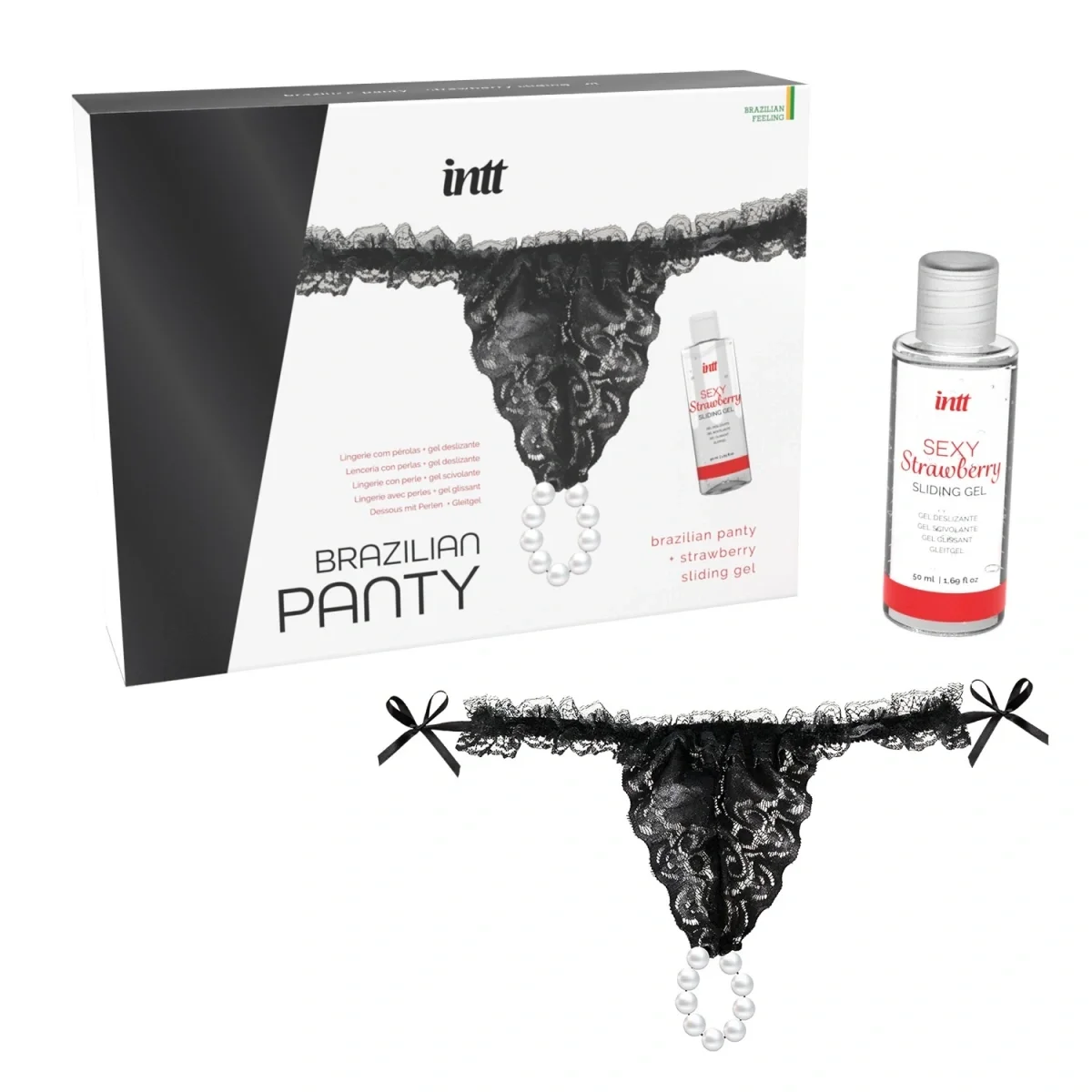 INTT Cosmetics Set Bikini din Dantela Neagra cu Perle si Lubrifiant Aroma Capusini 50 ml