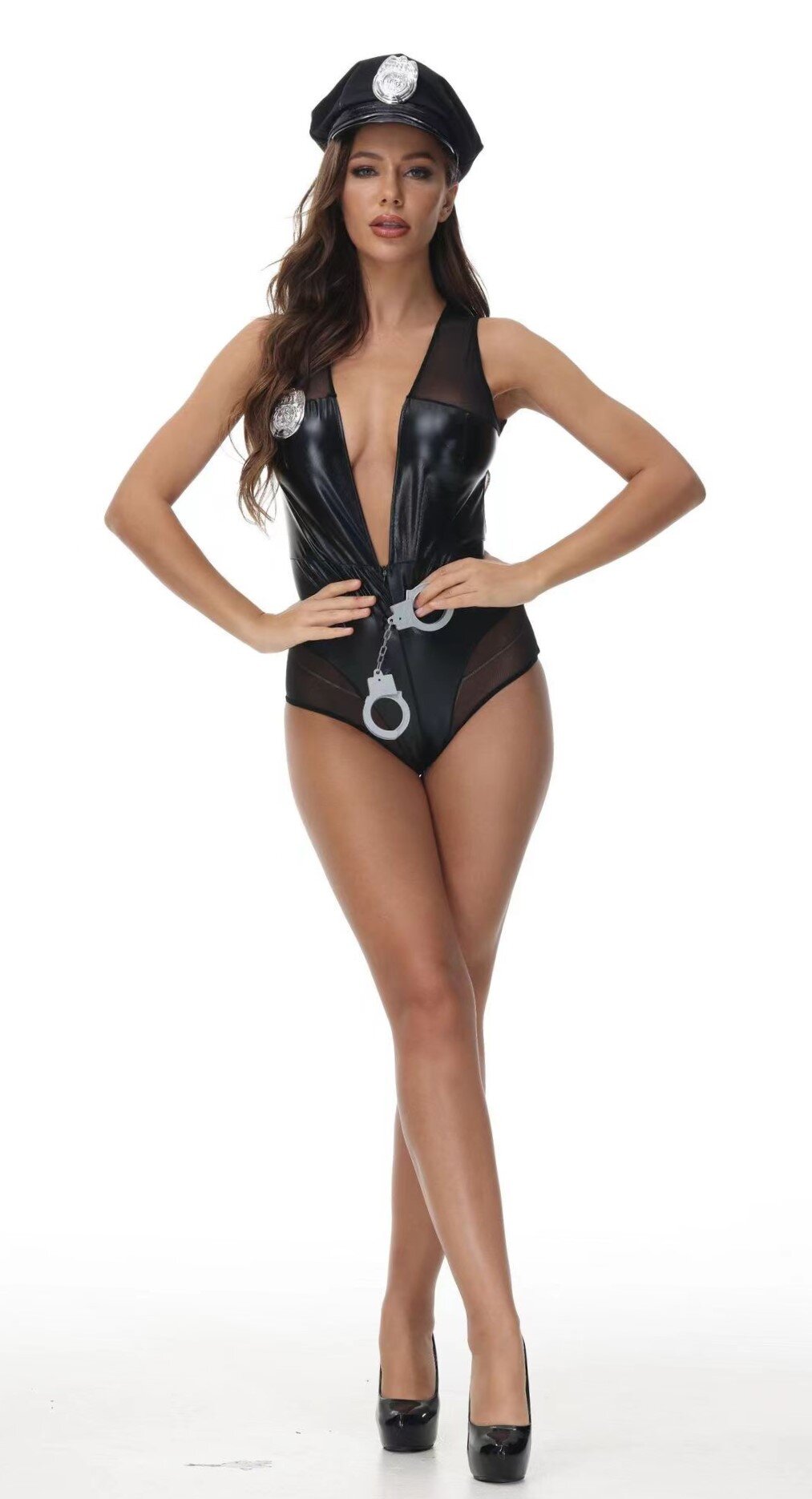 JGF Toys Costumatie Politista Sexy 4 Piese Wetlook&Tulle Negru M JGF Lingerie