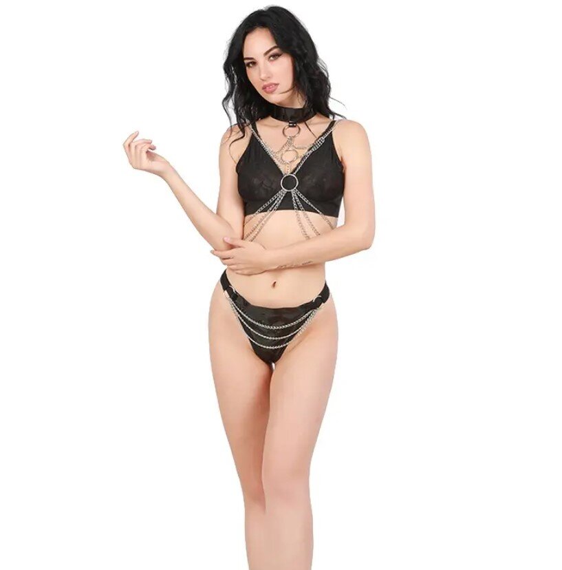 JGF Toys Set Lenjerie 2 Piese Wetlook&Chains Negru S-L JGF Lingerie