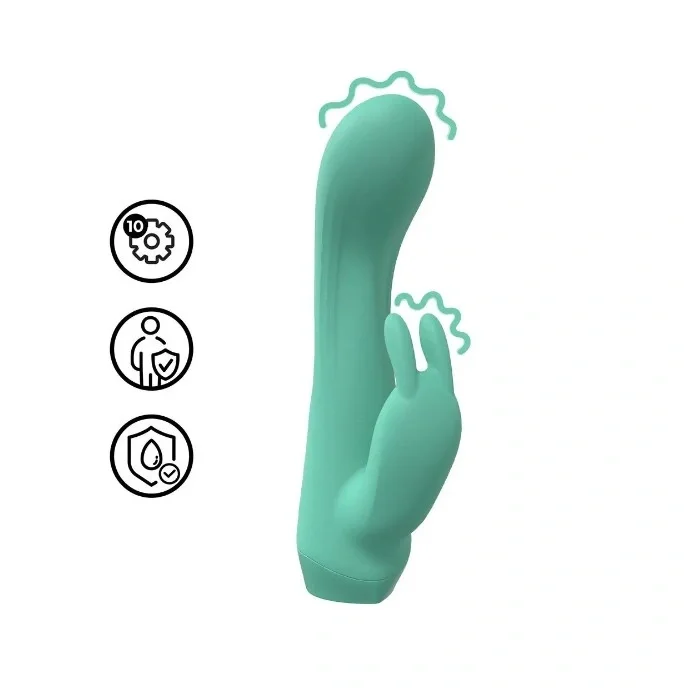 Loveline Vibrator Mini Dual Rabbit 10 Moduri Vibratii Silicon USB Verde 13.5 cm