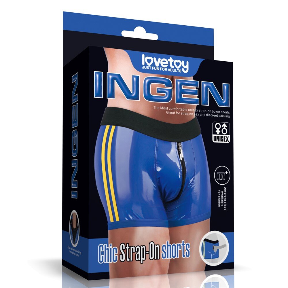 LoveToy Boxeri Chic Strap-On Ingen Unisex Wetlook Albastru XS/S