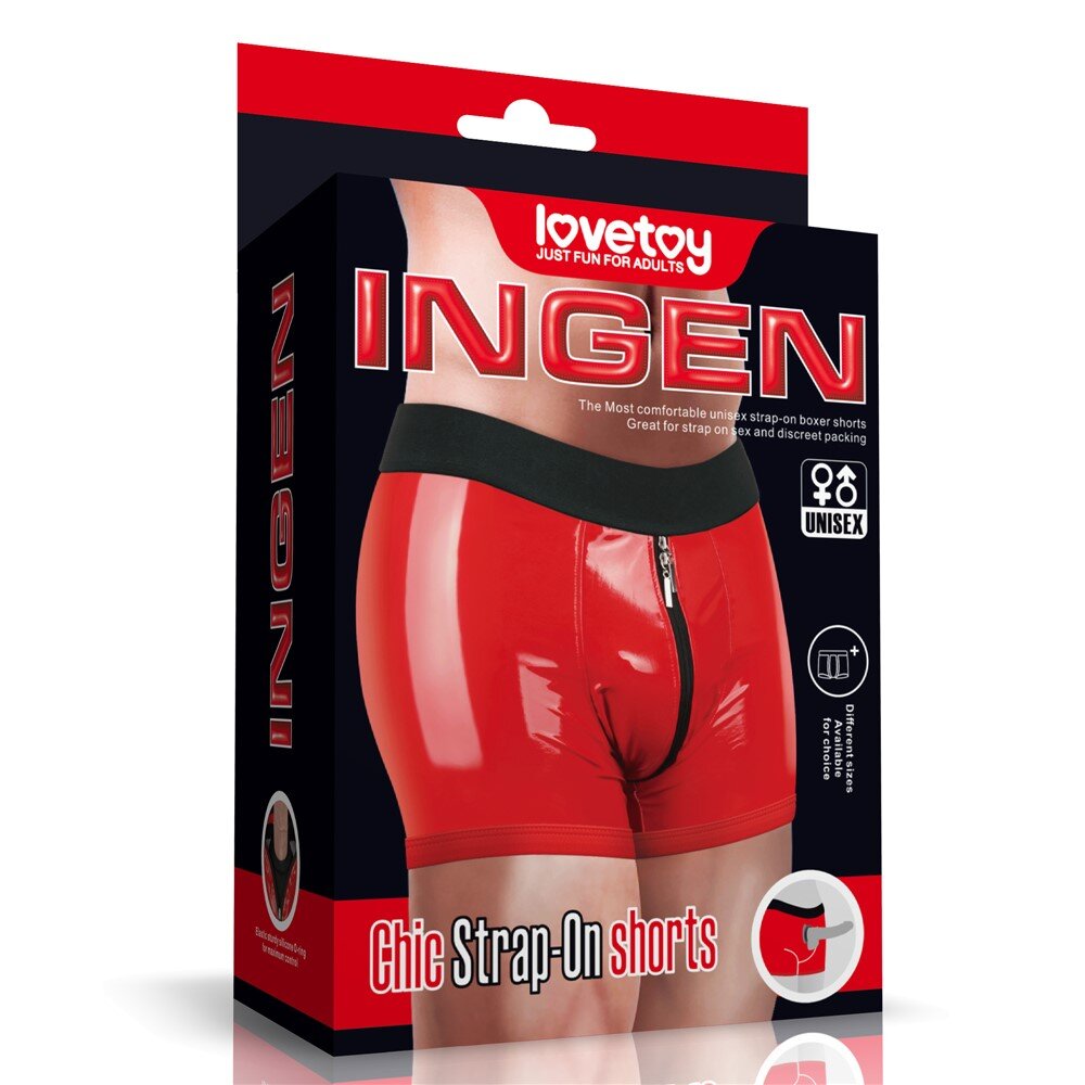 LoveToy Boxeri Chic Strap-On Ingen Unisex Wetlook Rosu M/L