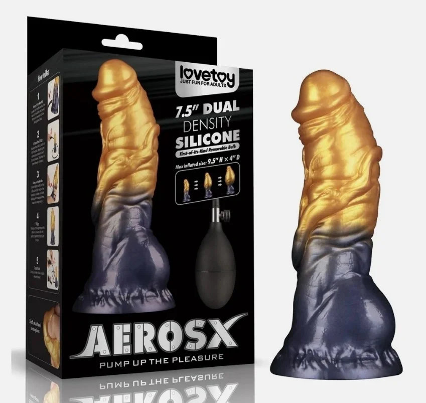 LoveToy Dildo Aerosx Gonflabil Silicon Dubla Densitate Galben/Albastru 19 cm