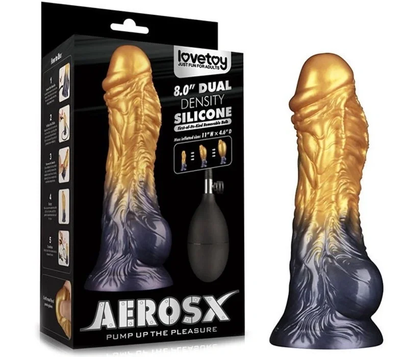 LoveToy Dildo Aerosx Gonflabil Silicon Dubla Densitate Galben/Albastru 21 cm