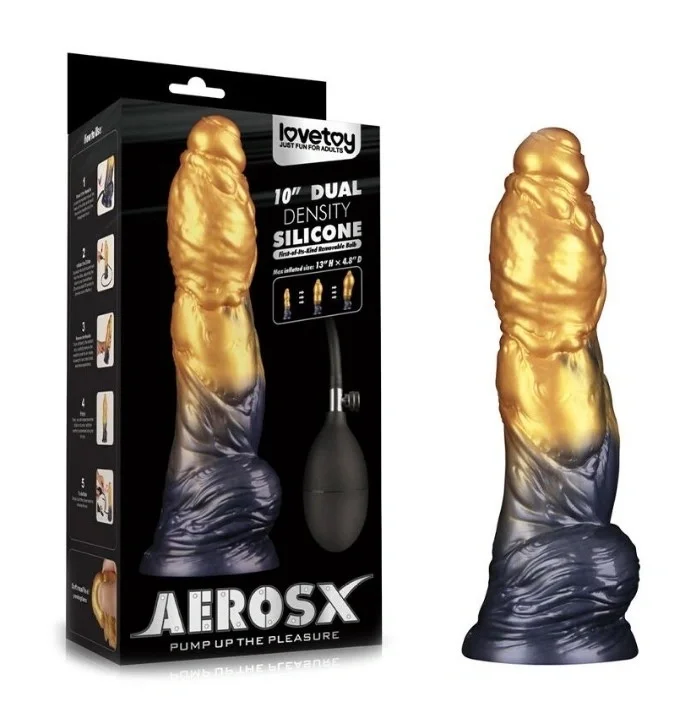 LoveToy Dildo Aerosx Gonflabil Silicon Dubla Densitate Galben/Albastru 25.4 cm