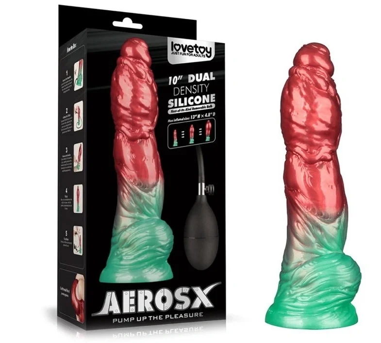LoveToy Dildo Aerosx Gonflabil Silicon Dubla Densitate Rosu/Verde 25.4 cm