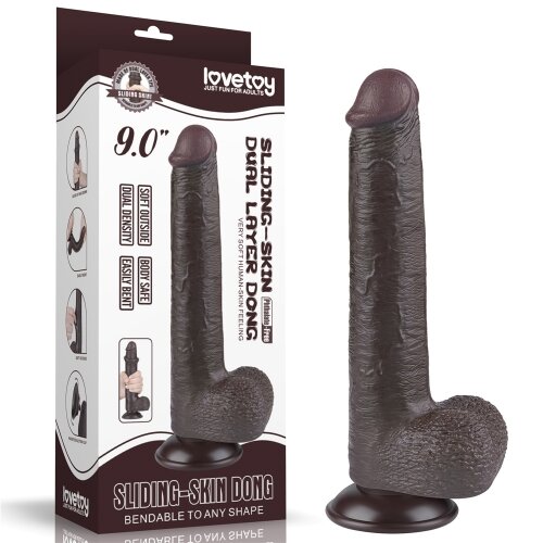 LoveToy Dildo Realist Sliding-Skin cu Ventuza Detasabila TPE Maro Inchis 23 cm