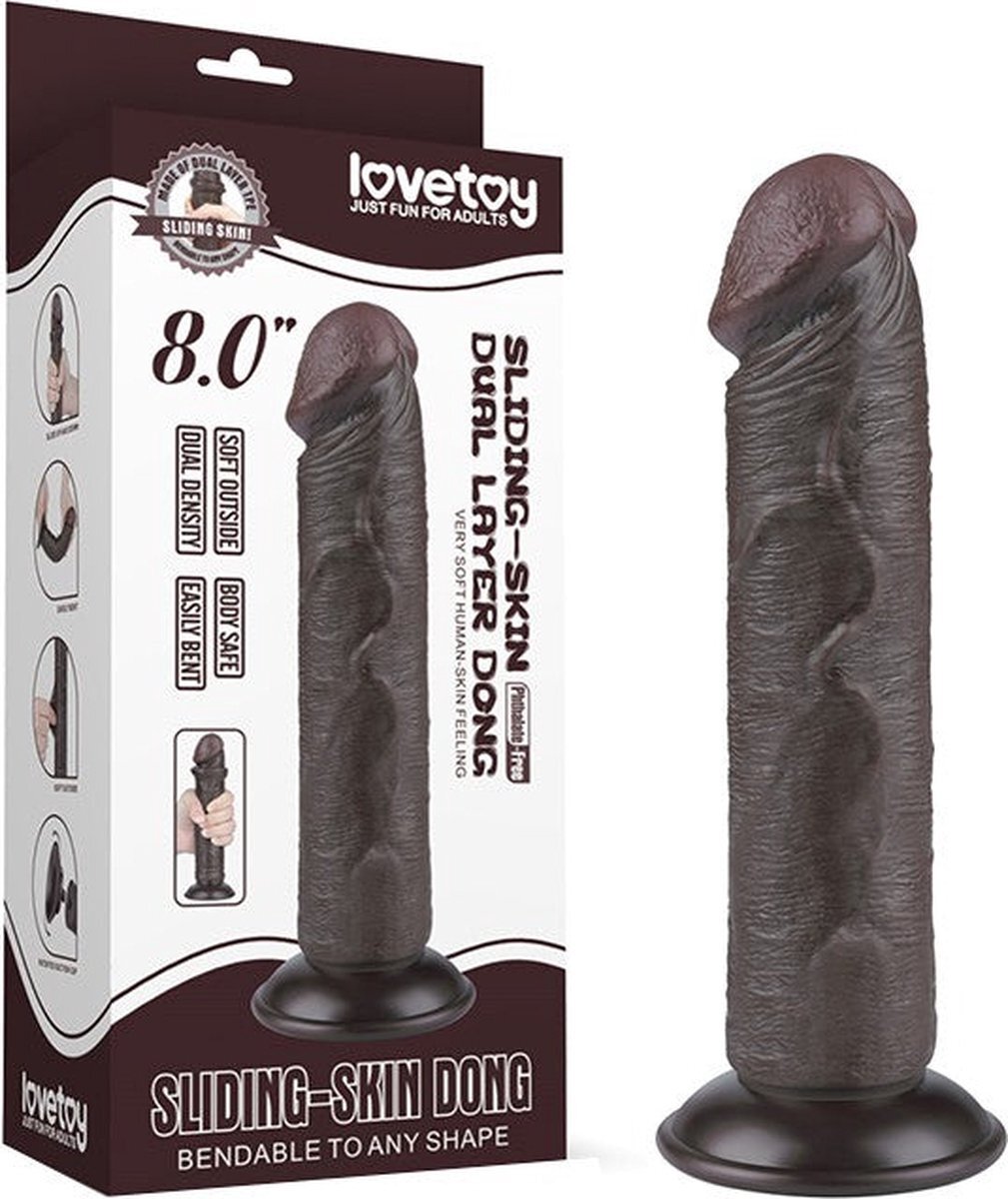LoveToy Dildo Realist Sliding-Skin Ventuza Detasabila TPE Maro Inchis 20.3 cm