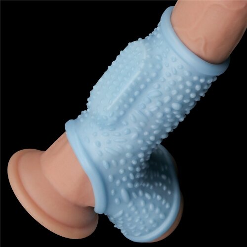 LoveToy Manson Penis si Testicule Knights Ring Drip cu Vibratii Albastru