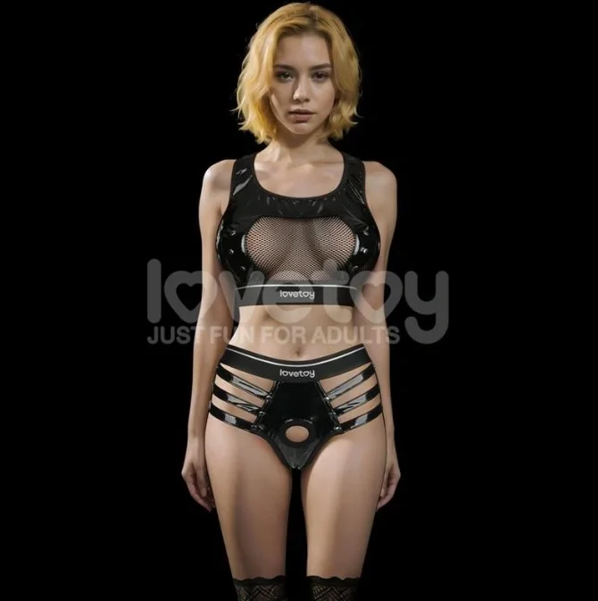 LoveToy Set 2 Piese Rebellion Top si Strap-on Material Wetlook si Plasa Negru M/L