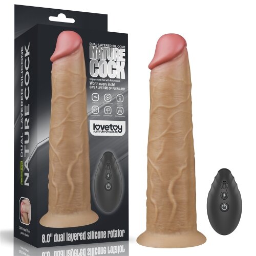 LoveToy Vibrator Realist Nature Cock Remote Control Silicon Dubla Densitate 10 Moduri Vibratii si Rotatii Maro 20.5 cm