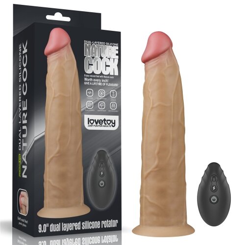 LoveToy Vibrator Realist Nature Cock Remote Control Silicon Dubla Densitate 10 Moduri Vibratii si Rotatii Maro 22.8 cm