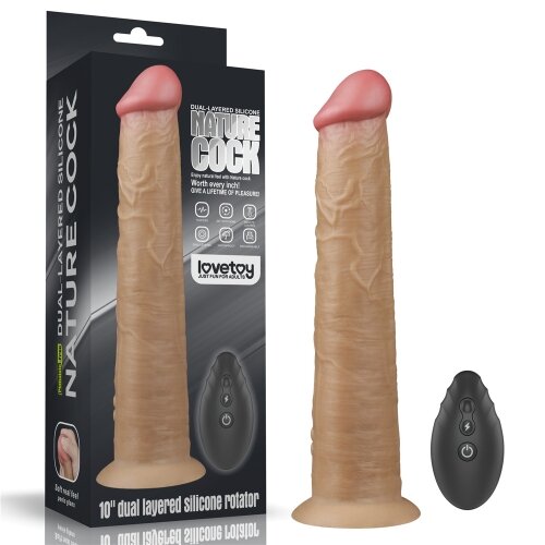 LoveToy Vibrator Realist Nature Cock Remote Control Silicon Dubla Densitate 10 Moduri Vibratii si Rotatii Maro 25.3 cm