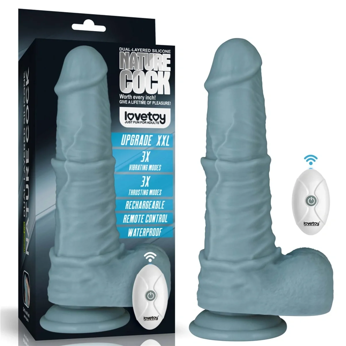 LoveToy Vibrator Realist Remote Control Thrusting Silicon Strat Dublu Albastru Deschis 27.5 cm