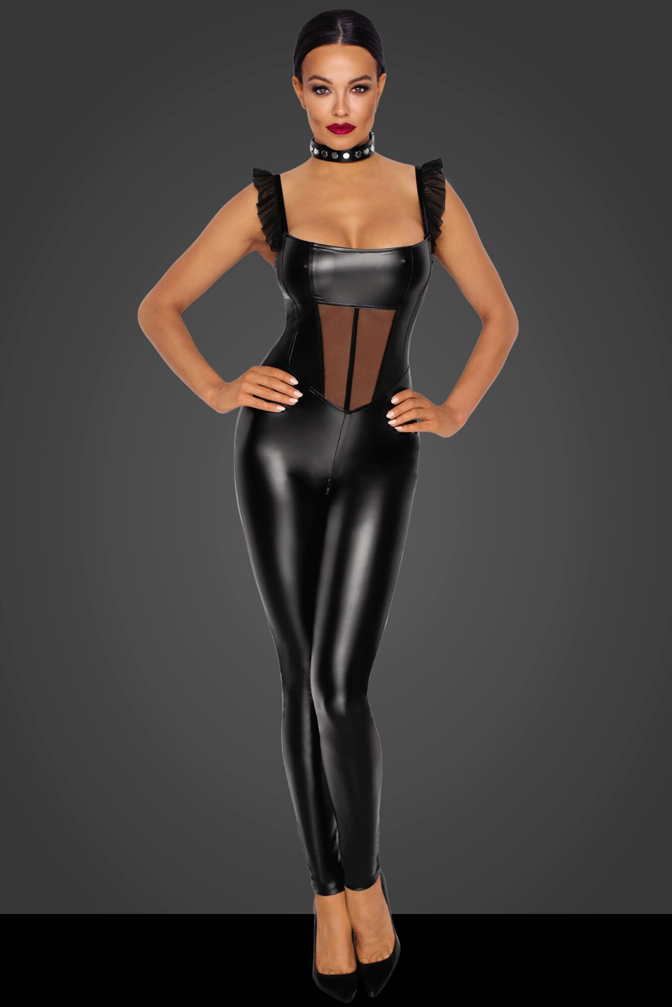 Noir Handmade Catusit Crotchless Overall Powerwetlook cu Insertii Tulle si Volanse M