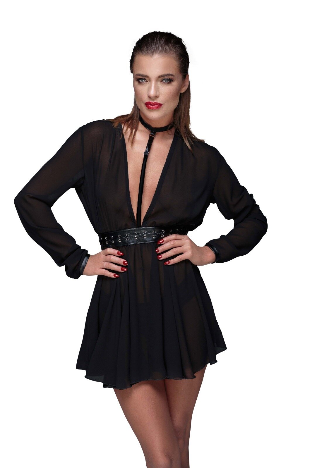 Noir Handmade Rochie Mini din Voal cu Centura Piele Ecologica M