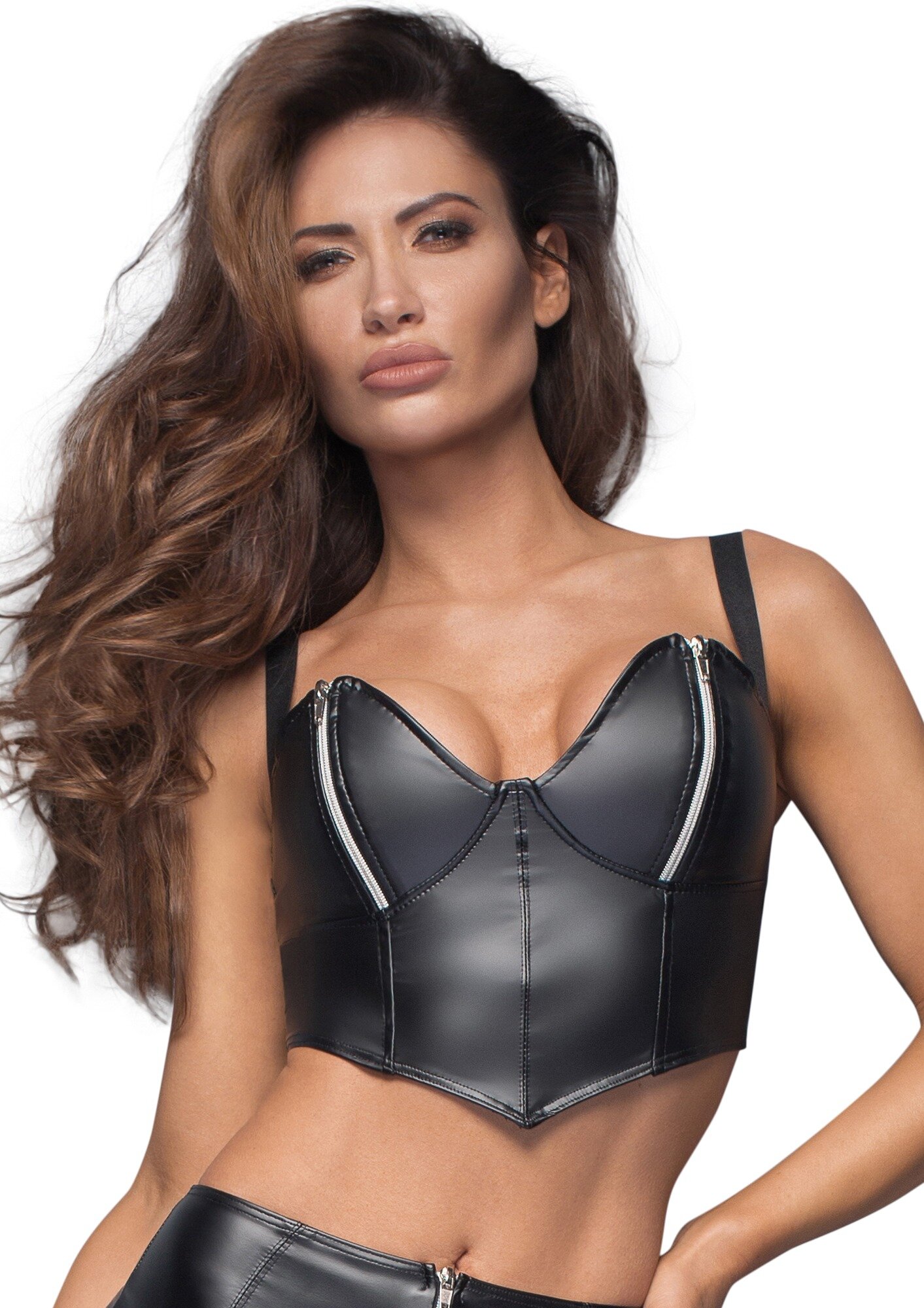 Noir Handmade Top Wetlook cu Fermoare Argintii pe Cupe M