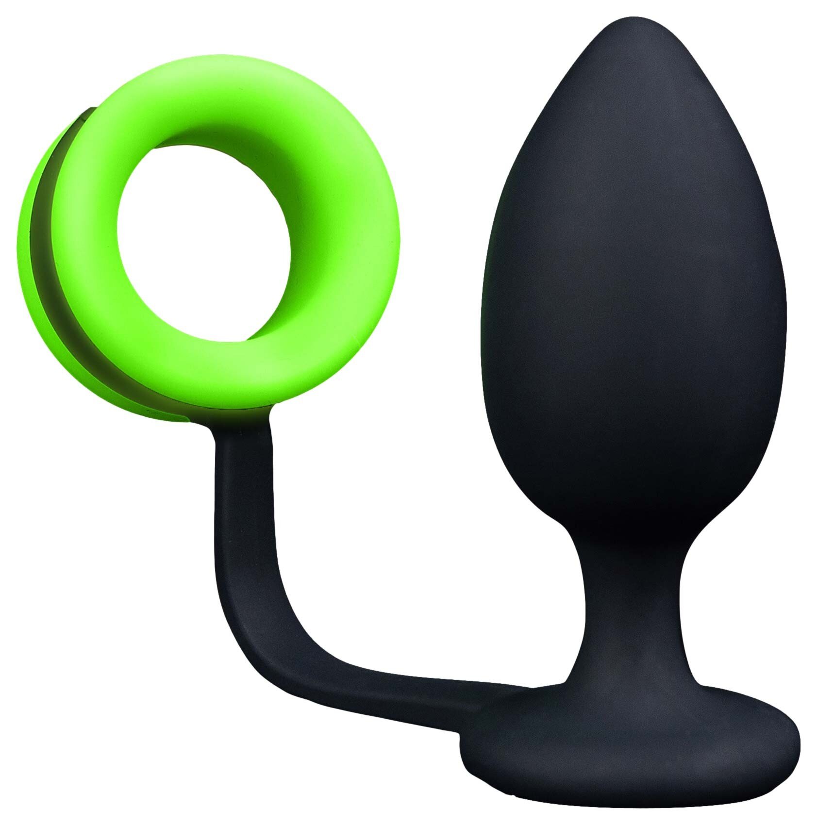 Ouch! Dop Anal cu Inel Penis Glow in the Dark 9.8 cm Verde Neon/Negru