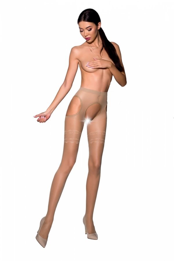 Passion Ciorapi Crotchless cu Tiv Dantelat 20 Den Bej S/M
