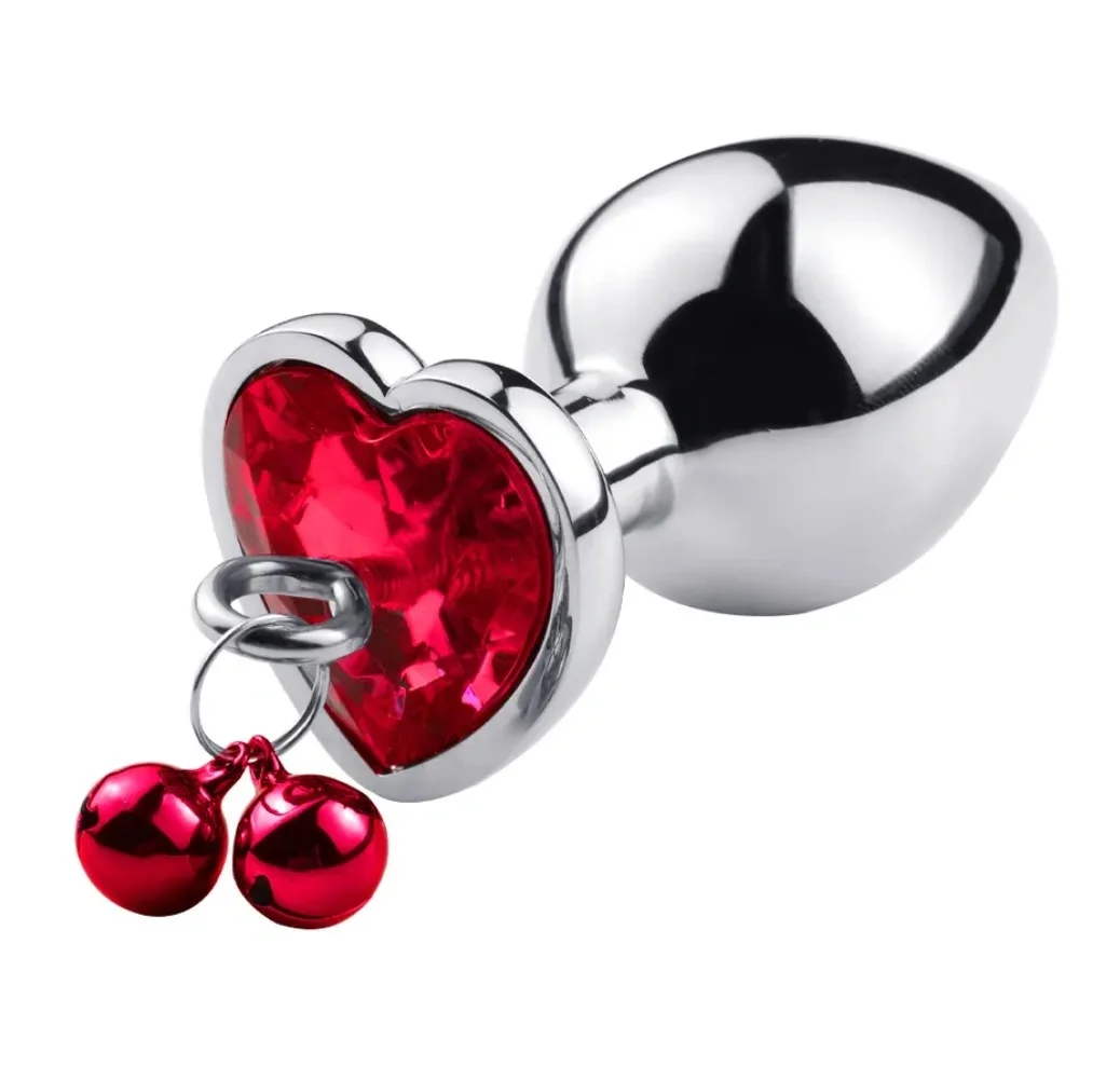 Passion Labs Dop Anal Medium Heart Shape cu Clopotei Ring My Bells Metal Argintiu/Rosu 8 cm