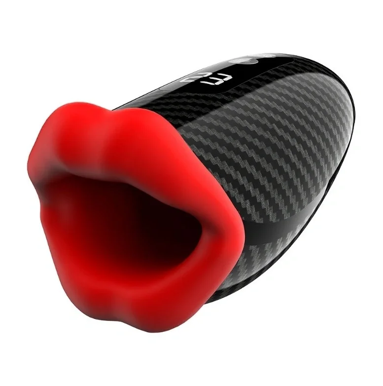Passion Labs Masturbator Red Lips Display LCD 9 Moduri Vibratii 9 Moduri Tapare Silicon USB Negru/Rosu 18 cm