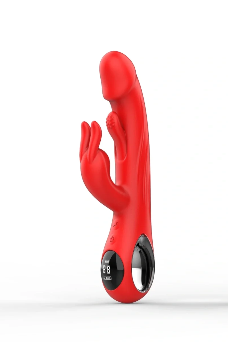 Passion Labs Vibrator Flapping Rabbit Display LCD 9 Moduri Vibratii 9 Moduri Tapare Silicon USB Magnetic Rosu 24.2 cm