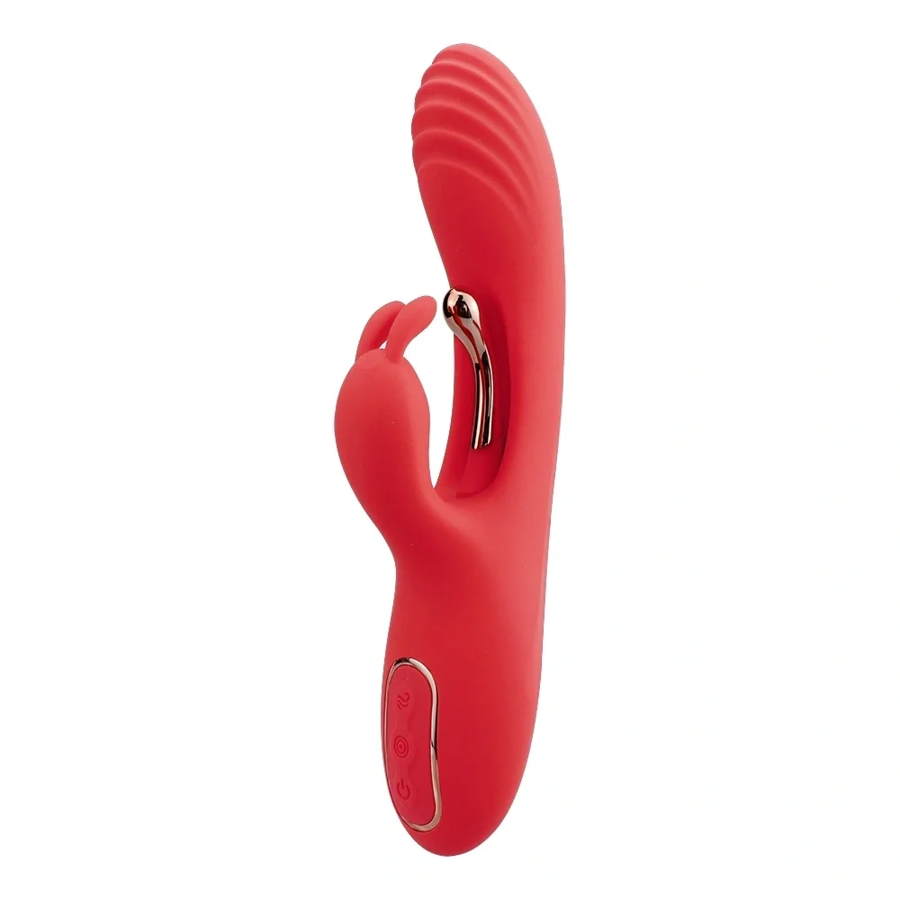 Passion Labs Vibrator Rabbit Flame Super Puternic 3 Motoare Independente 9 Moduri Vibratii Silicon USB Rosu 22.2 cm