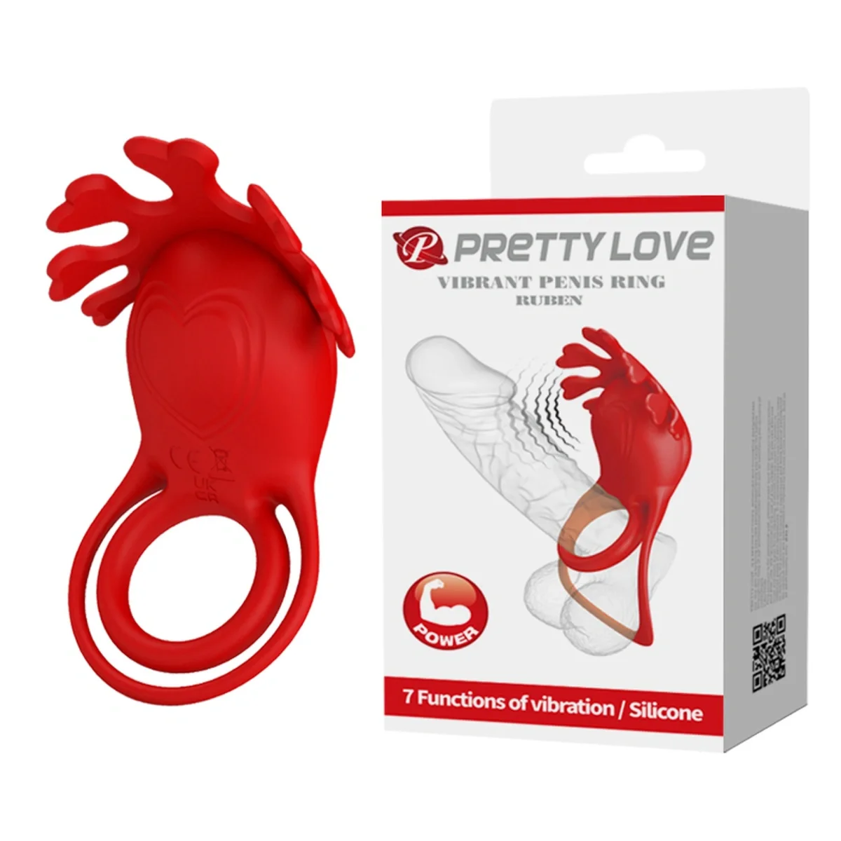 PRETTYLOVE Inel Penis Ruben 7 Moduri Vibratii Puternice Silicon USB Rosu