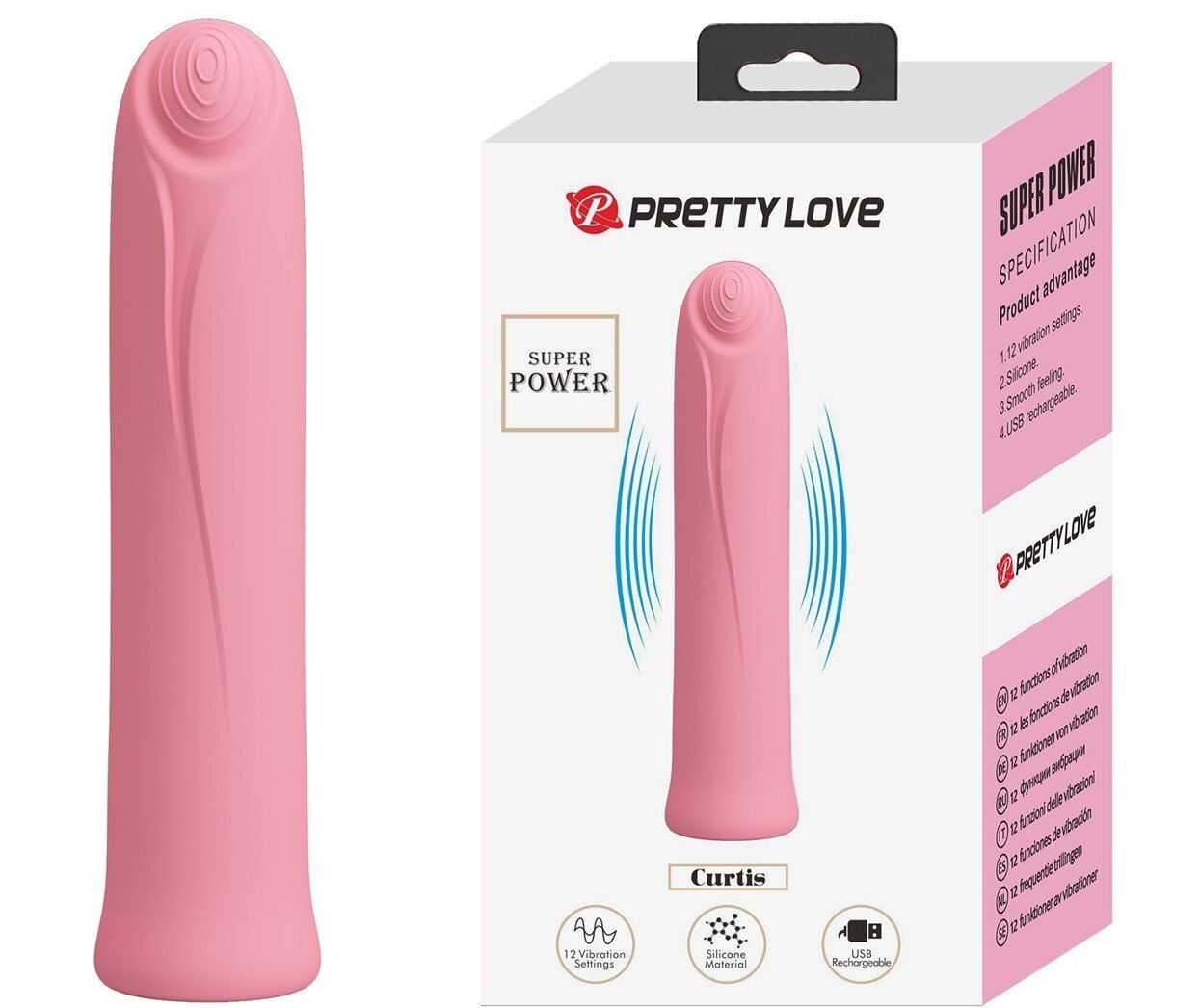 PRETTYLOVE Mini Vibrator Curtis 12 Moduri Vibratii Silicon USB Roz 10.3 cm
