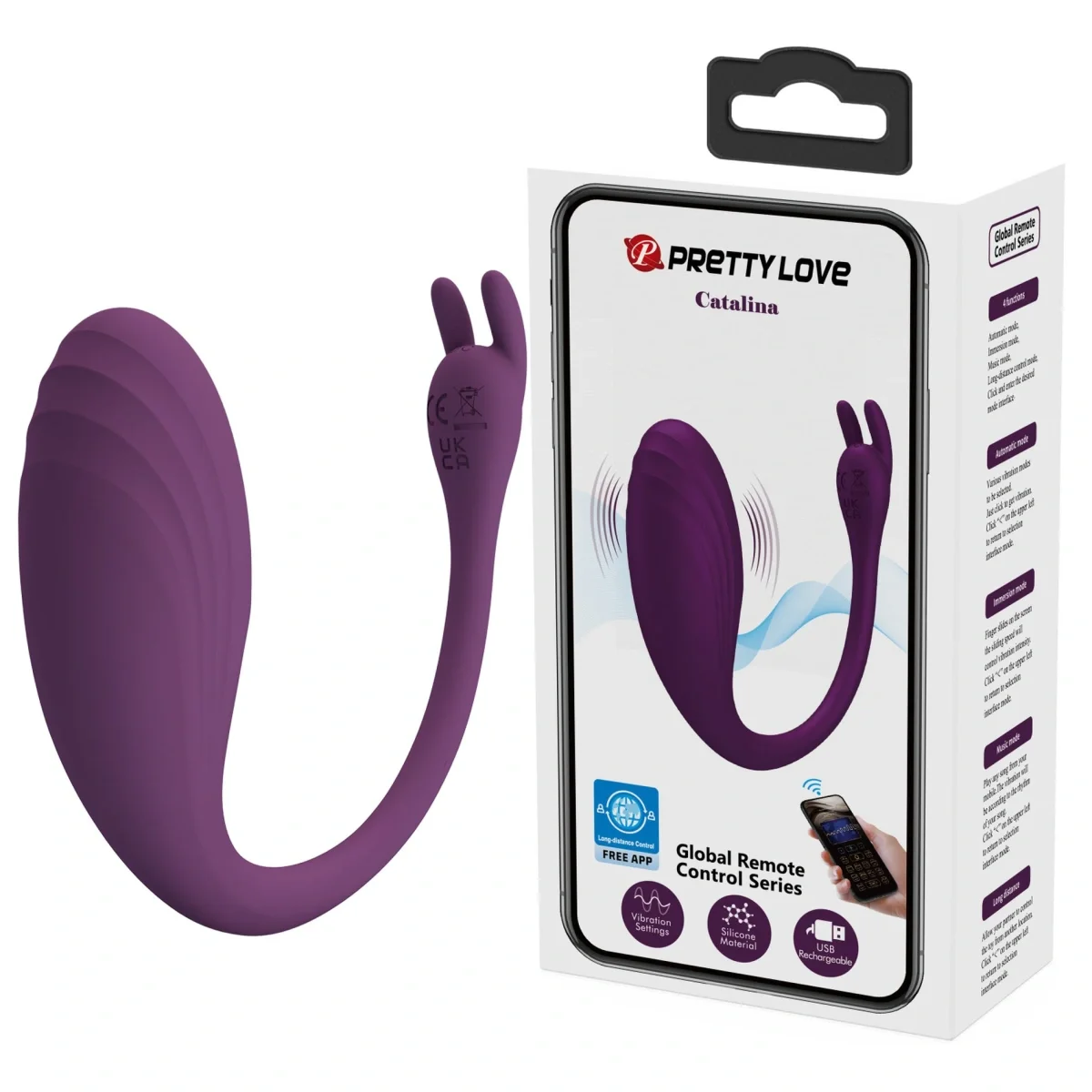 PRETTYLOVE Ou Vibrator Catalina Bluetooth Control Free App Silicon USB Mov Inchis