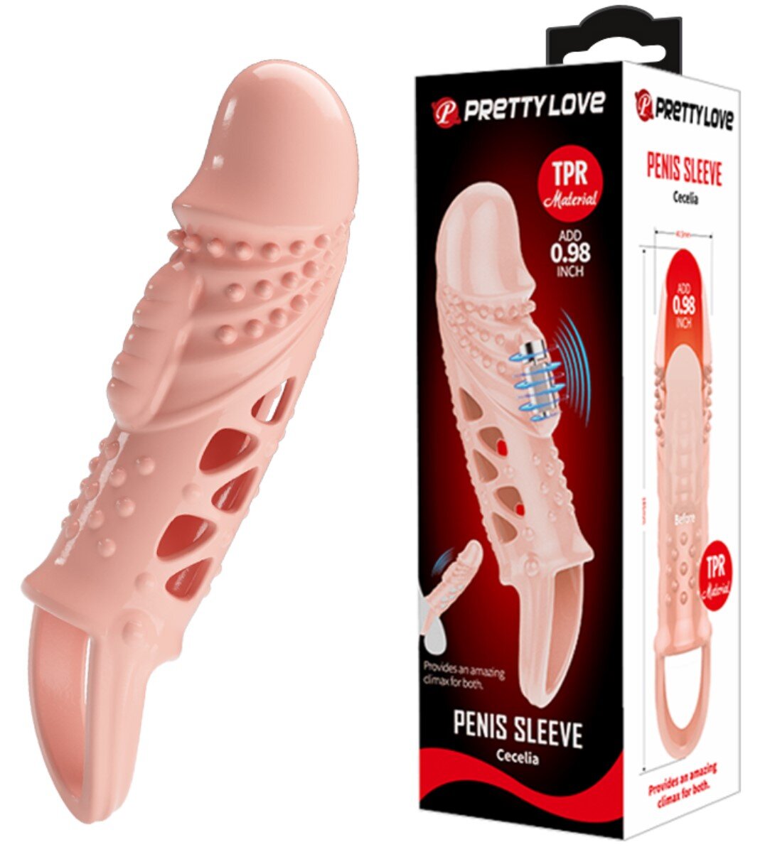PRETTYLOVE Prelungitor Penis Cecelia cu Vibratii +2.5 cm TPR Natural