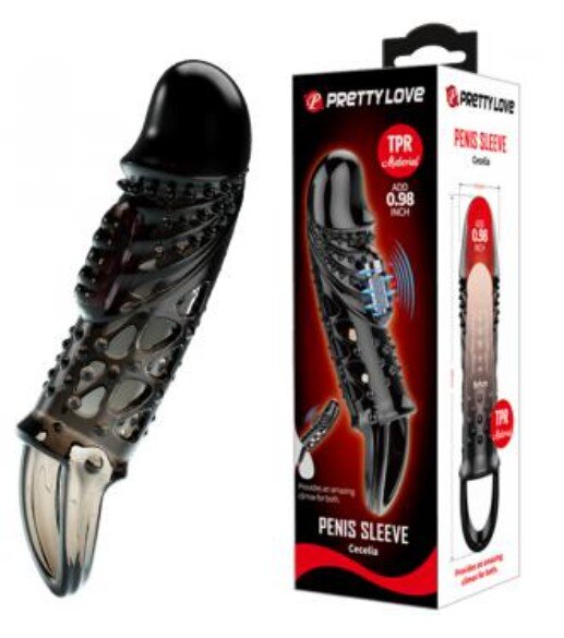 PRETTYLOVE Prelungitor Penis Cecelia cu Vibratii +2.5 cm TPR Negru