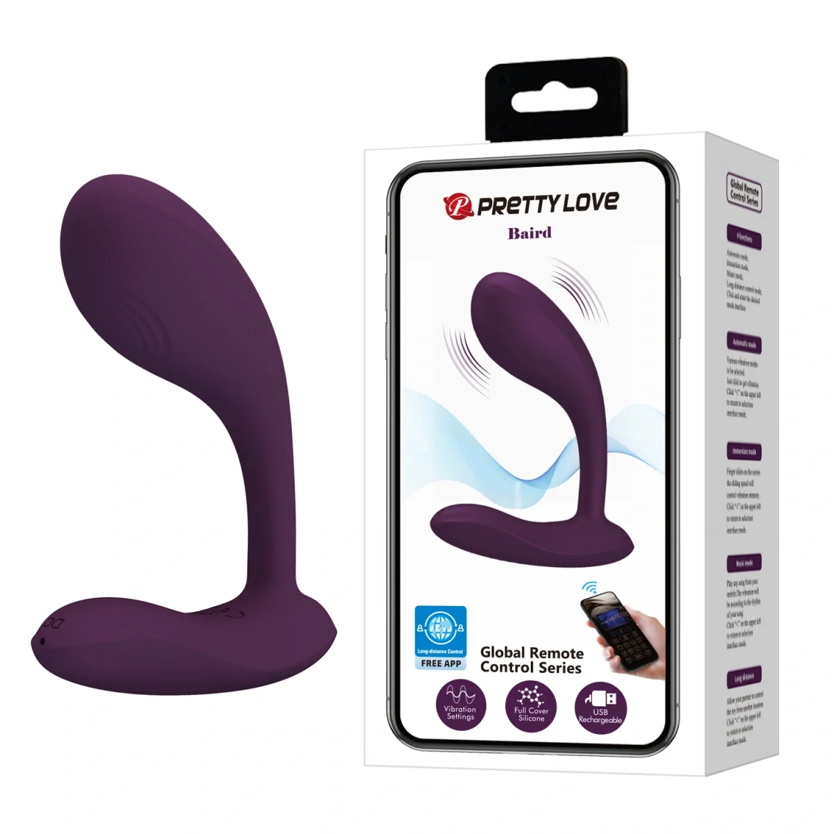 PRETTYLOVE Stimulator Pretty Love Baird Bluetooth Control Free App Silicon USB Mov Inchis