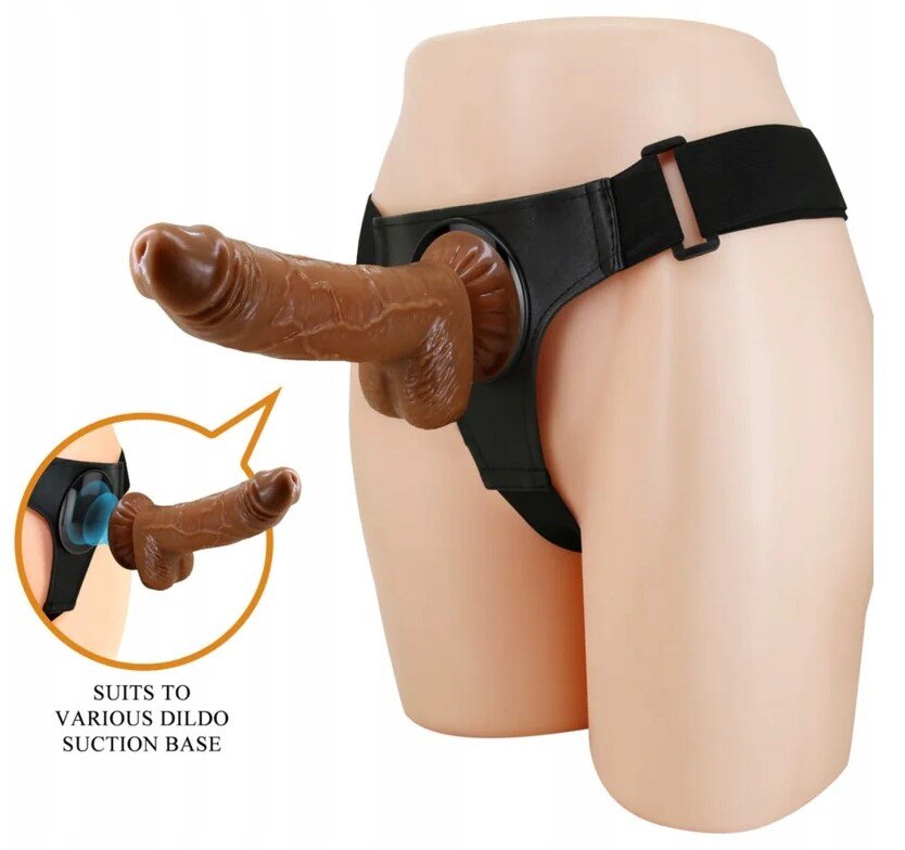 PRETTYLOVE Strap-on Harness Briefs Micheal Fixare cu Ventuza TPR Dubla Densitate Maro 20 cm