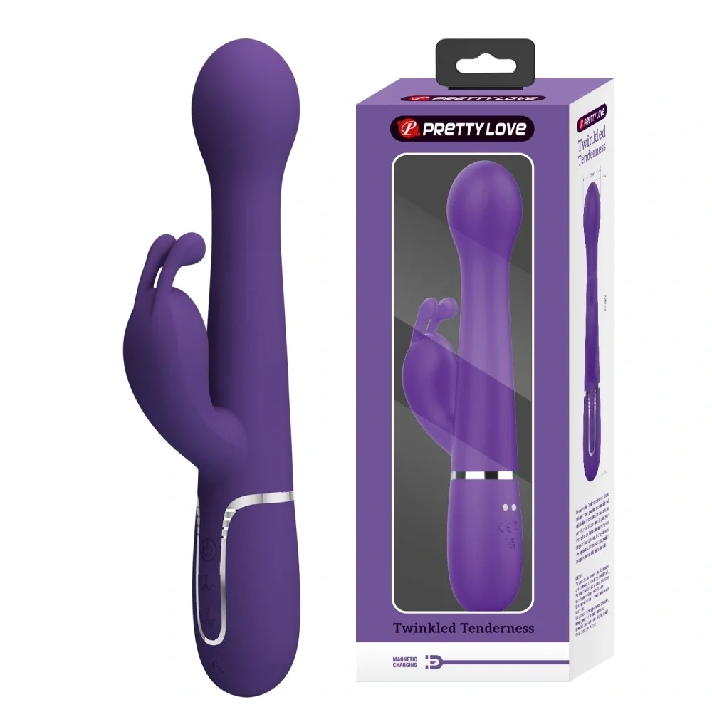 PRETTYLOVE Vibrator Iepuras Dejon 7 Moduri Vibratii 4 Moduri Impingere si Rotatii Silicon USB Magnetic Albastru 22.6 cm