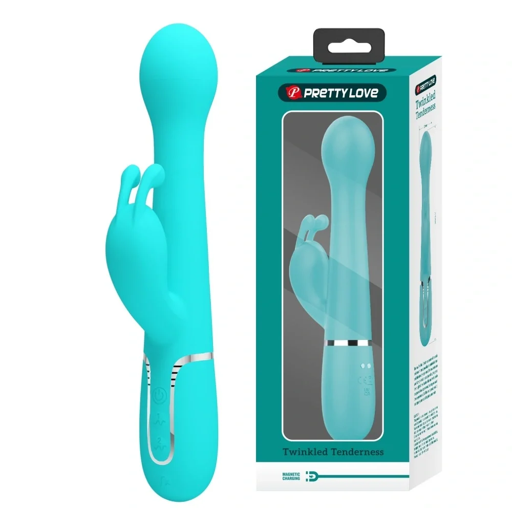 PRETTYLOVE Vibrator Iepuras Dejon 7 Moduri Vibratii 4 Moduri Impingere si Rotatii Silicon USB Magnetic Verde 22.6 cm