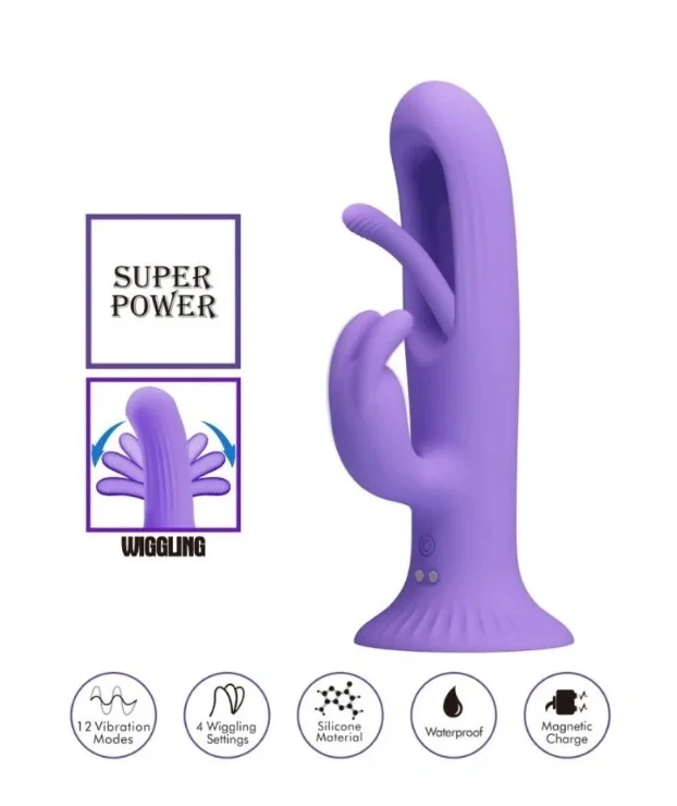 PRETTYLOVE Vibrator Rabbit Killmoulis cu Ventuza 12 Moduri Vibratii 4 Moduri Leganare Silicon USB Mov 17.5 cm